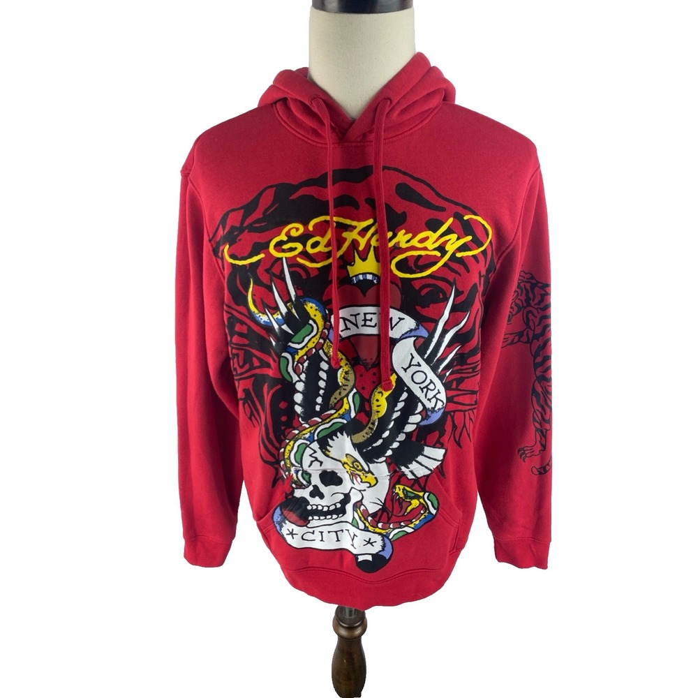 Ed Hardy Hoodie Mens‎ M Red Graffiti Sweatshirt Pullover Y2K Eagle Snake Skull
